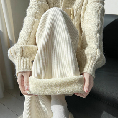 羊羔绒阔腿裤女2025新款高腰保暖棉裤秋冬季加绒加厚灯芯绒直筒裤