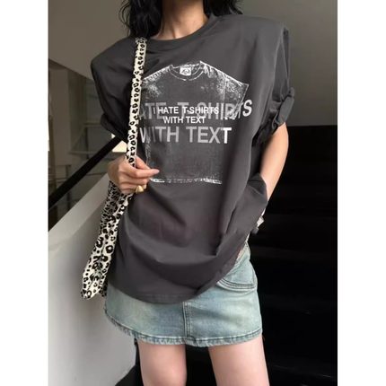 韩国东大门25夏季新款宽松小众设计感复古美式字母垫肩短袖T恤女