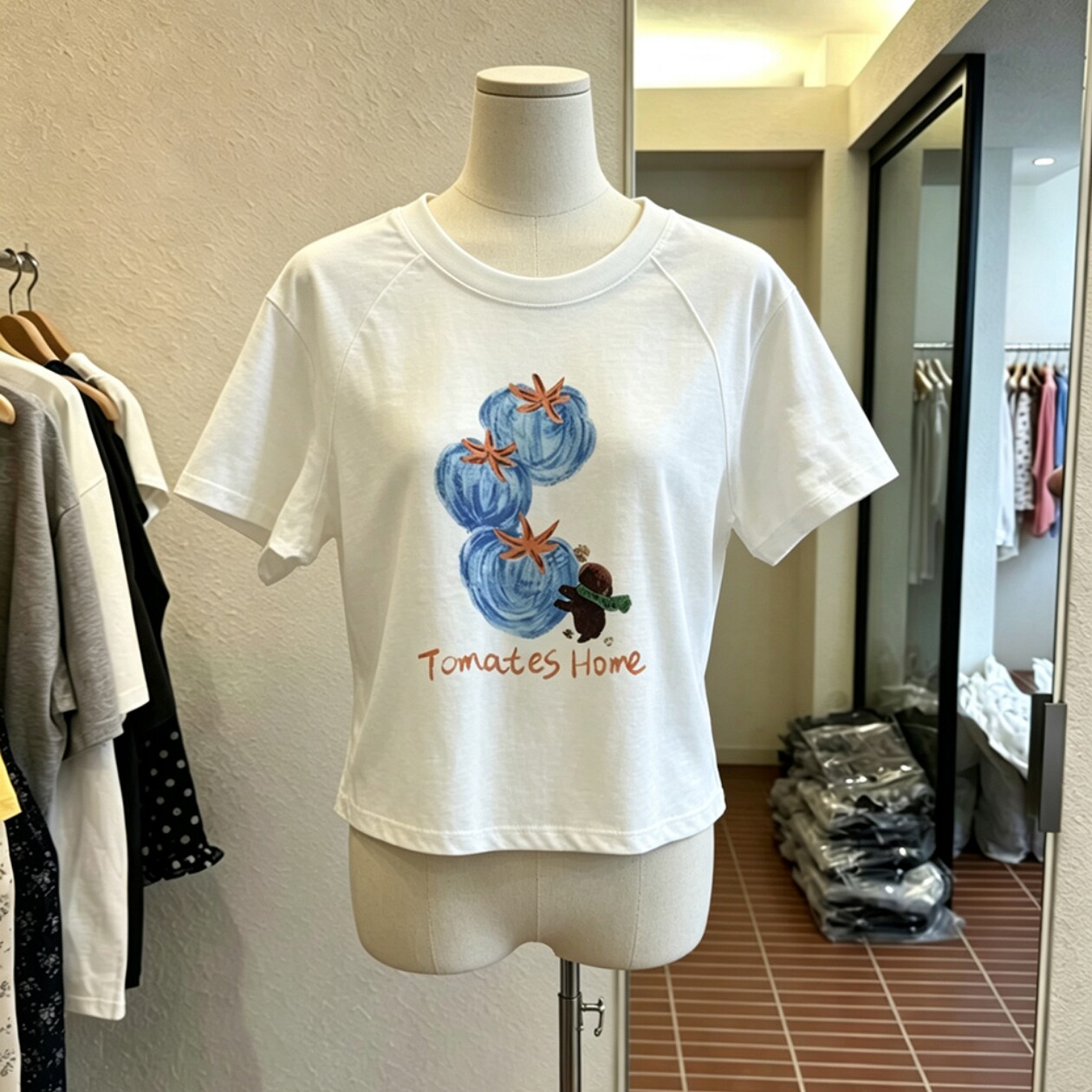 韩版2026夏季新款白色番茄插画T恤女宽松圆领百搭插肩袖短袖上衣