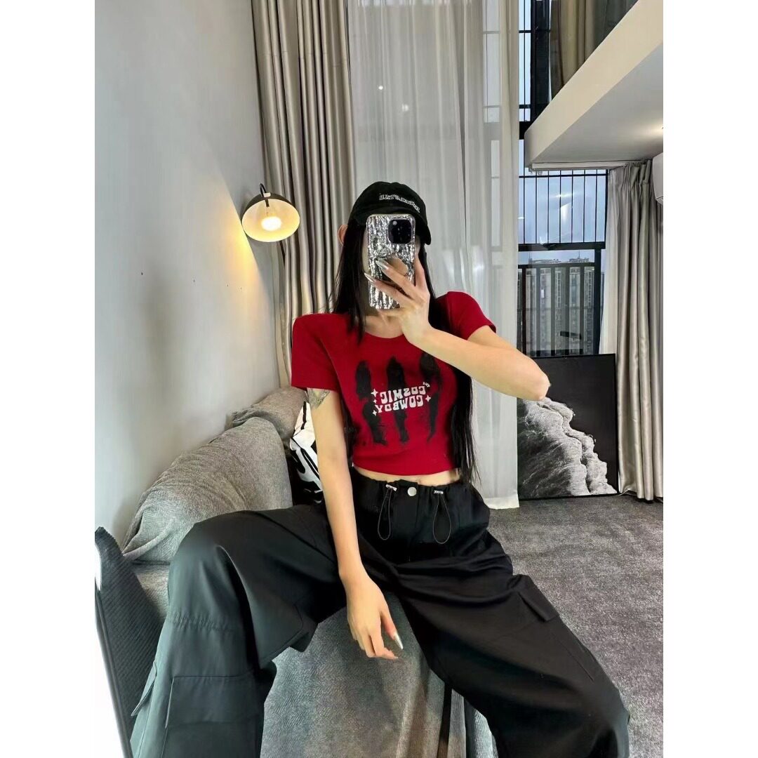 韩国东大门夏季新款辣妹性感心机露背抽绳褶皱修身短袖T恤上衣女