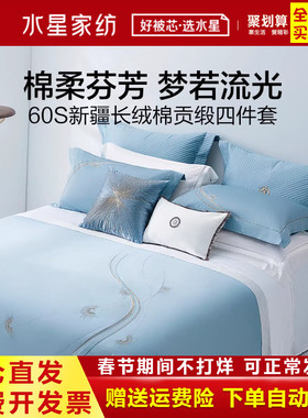 水星家纺60S长绒棉全棉四件套纯棉刺绣被罩湖蓝色套件4 星·流光