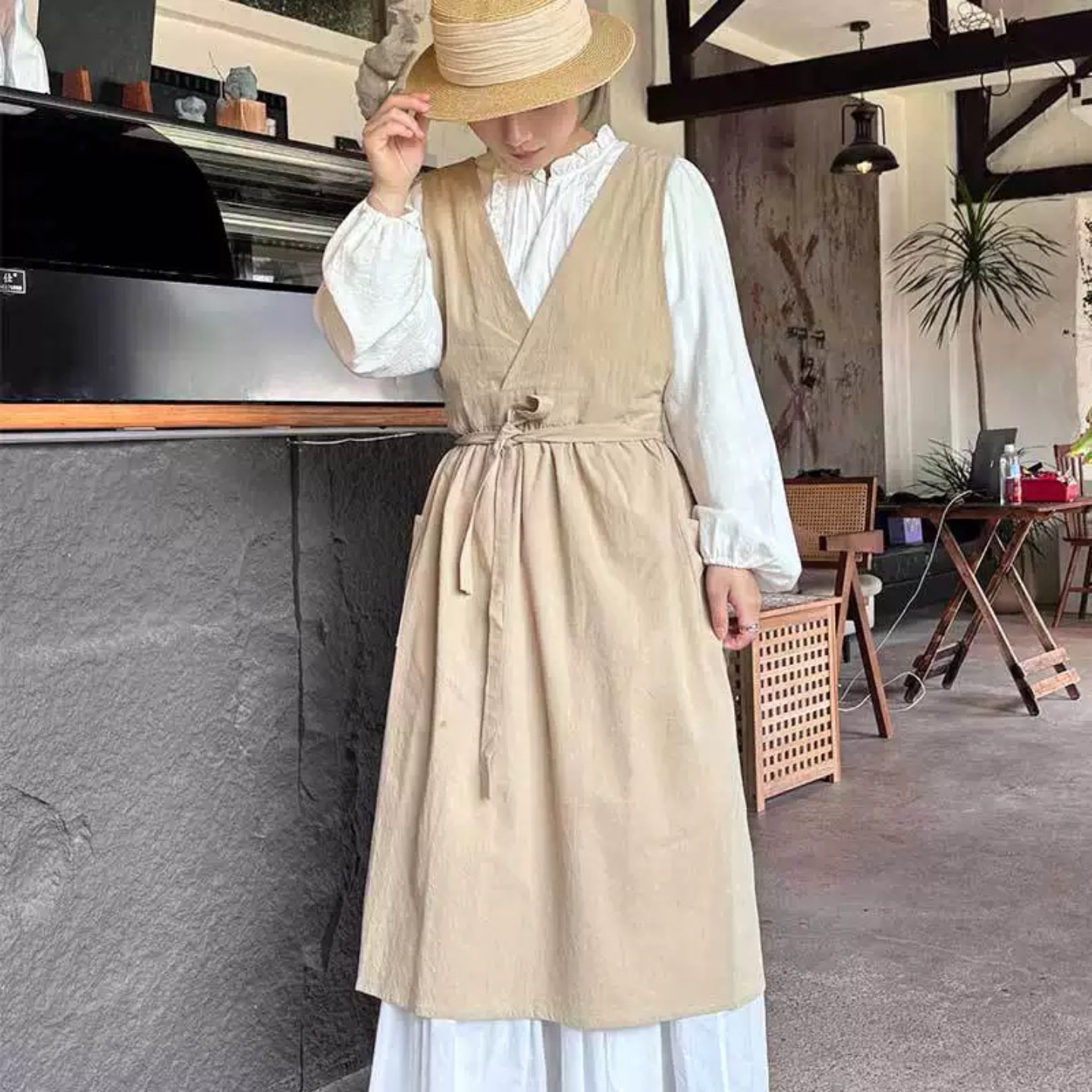 韩版全棉简约文艺风背心围腰厨房家用做饭花店服美容院美甲店围裙