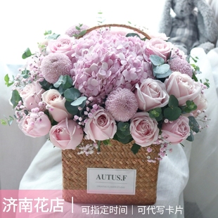 母亲节济南鲜花店速递同城配送长辈玫瑰康乃馨混搭花束篮生日花礼