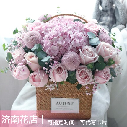 母亲节济南鲜花店速递同城配送长辈玫瑰康乃馨混搭花束篮生日花礼