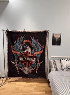 蓝色老鹰机车风格装饰户外室内床毯摩托车挂毯棉线纺织的沙发毯