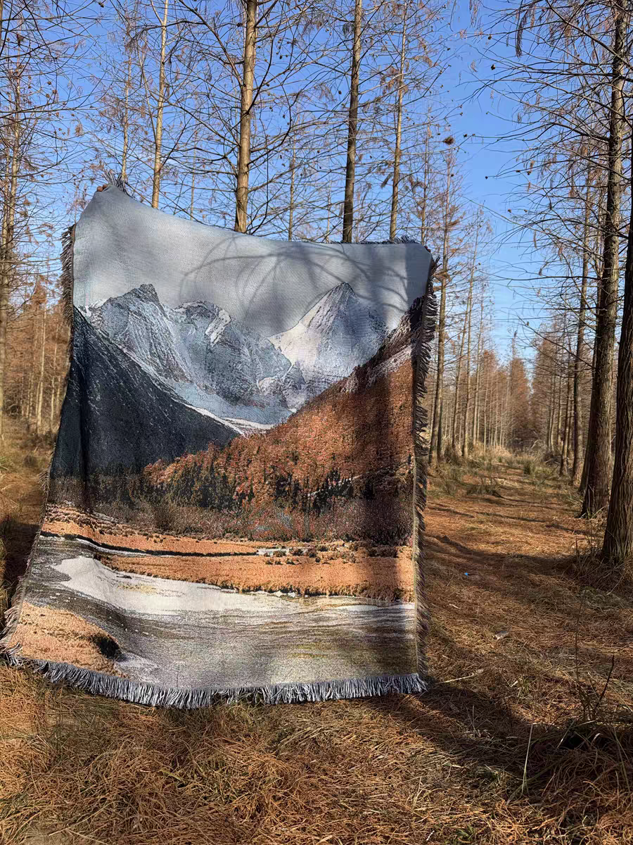 艺术自然风光油画风景挂毯川藏稻城亚丁秋景旅行雪山装饰毯沙发毯