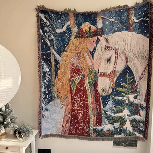 捷克穆夏风格 斯拉夫民族油画 冬季温暖氛围感白马少女装饰挂毯