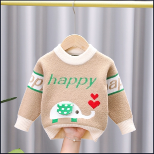 男童秋冬毛衣卡通水貂绒针织衫小童宝宝圆领中小童加厚保暖打底衫
