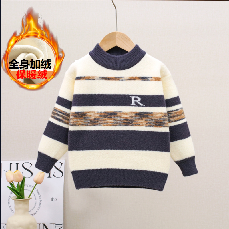 儿童毛衣男孩秋冬季新款加厚水貂绒圆领套头中小童宝宝针织打底衫