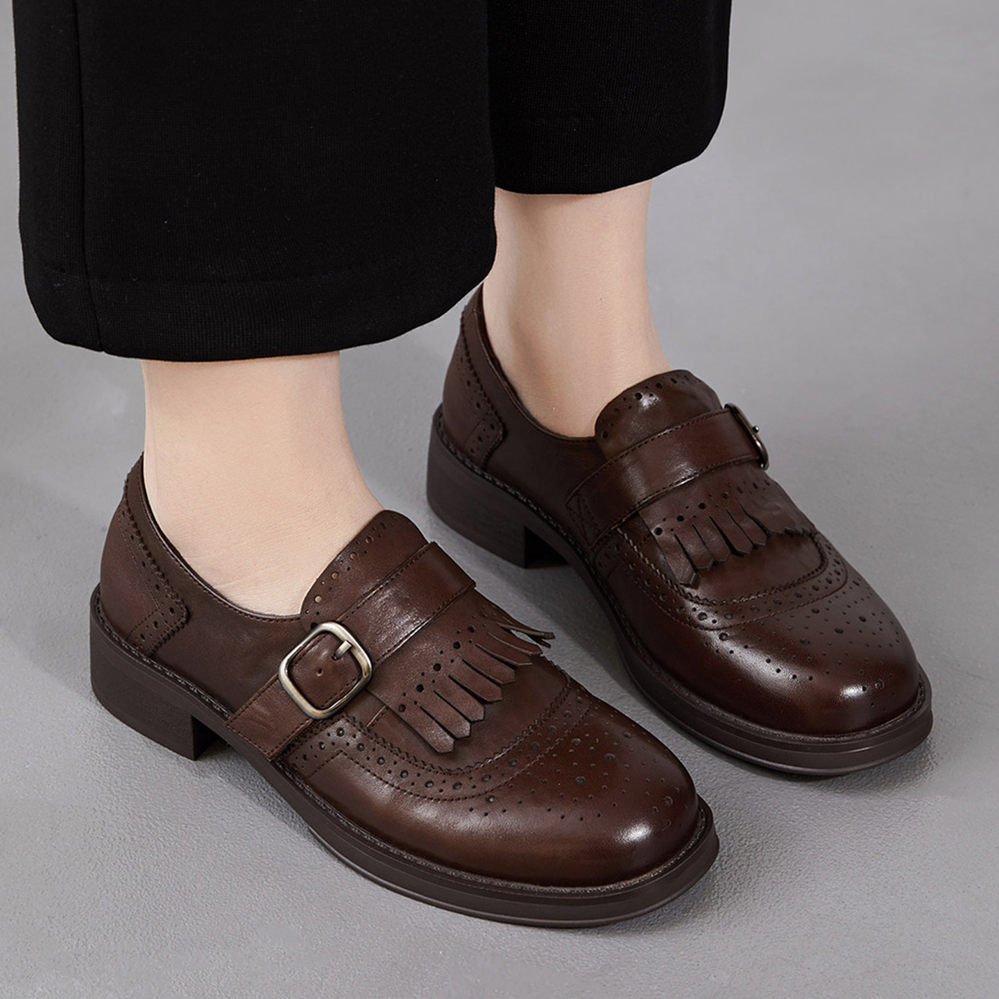 英伦风流苏乐福鞋女2026春新款粗跟通勤一脚蹬小皮鞋真皮百搭单鞋,女鞋,乐福鞋（豆豆鞋）,淘宝优惠券,粉丝福利购,淘宝优惠卷