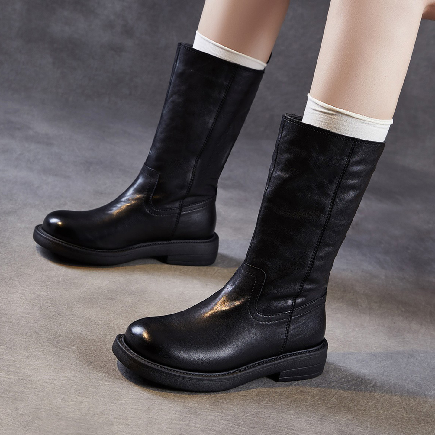 头层牛皮中筒靴女真皮时尚瘦瘦靴