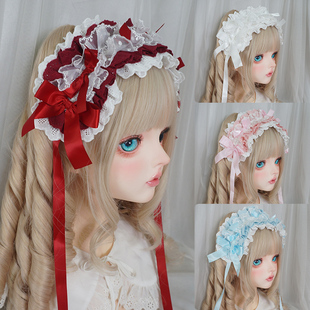 古早感Lolita发带蓝粉红生成色棉布蕾丝花边可爱蝴蝶结头饰女包邮