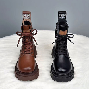 真皮马丁靴女2025年秋季 英伦风百搭厚底黑色炸街小短靴女单靴 新款