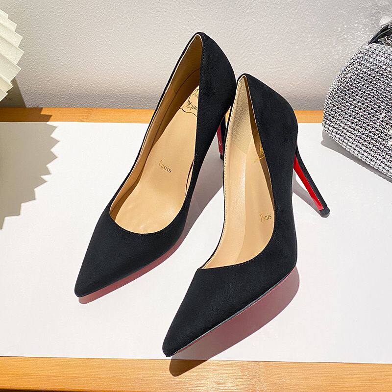 黑色红底高跟鞋女细跟春季2025新款气质性感尖头通勤绒面职业单鞋