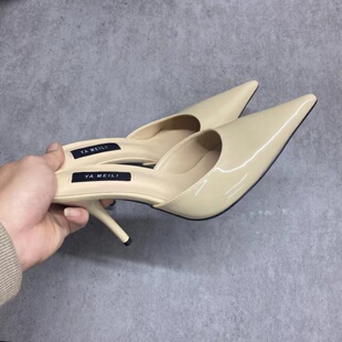 2025夏季欧美范新款细跟外穿高跟尖头半拖鞋女真皮包头性感凉拖鞋