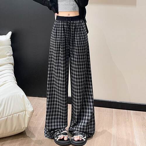 黑白格子阔腿裤女春夏新款休闲裤