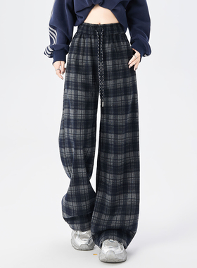 高腰条纹毛呢格子阔腿裤女2025新款加绒加厚宽松直筒蓝色休闲裤子