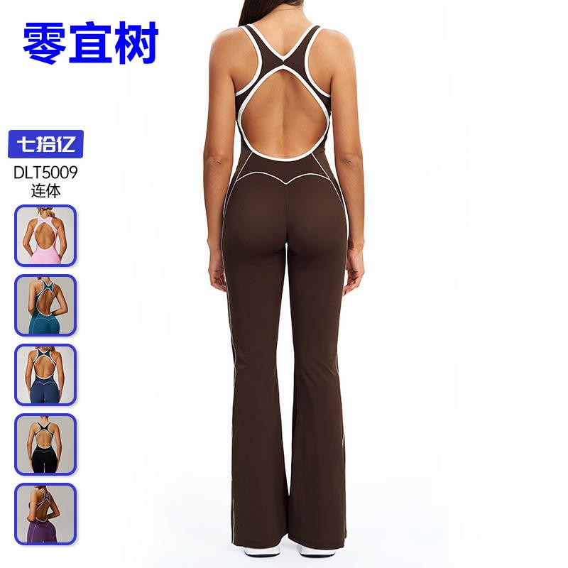 欧美镂空美背瑜伽服舞蹈运动连体衣提臀缩褶微喇连体瑜伽服5009