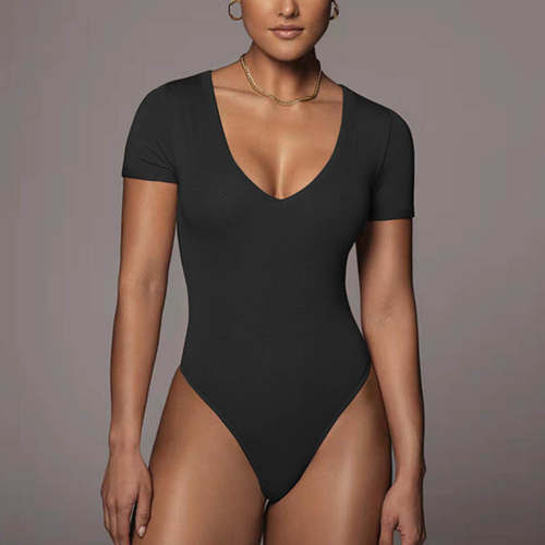 Bodysuit 2026夏季新款欧美外贸女装亚马逊短袖V领性感紧身连体衣