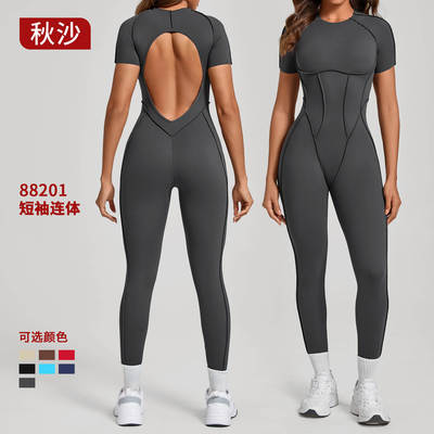 欧美秋冬立体露背紧身短袖长裤连体衣一体式运动连体瑜伽服88201