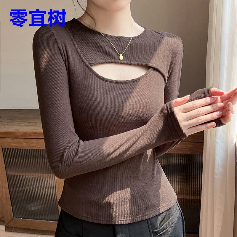 圆领镂空设计感内搭打底衫女秋冬季打底衣显瘦可外穿长袖修身t恤