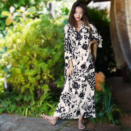 2025春夏气质水墨印花袍子连衣裙女原创设计文艺简约宽松V领长裙