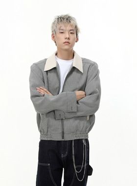 Yuquan 男装|美式复古拼色千鸟短款cleanfit拉链夹克