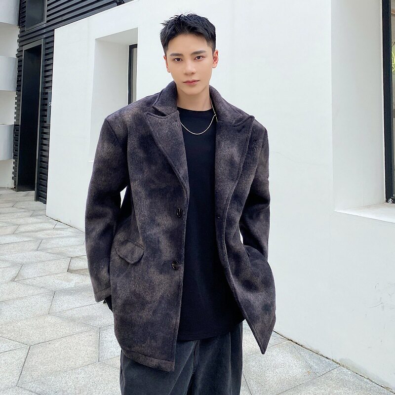 Yuquan痞帅风渐变色扎染印花加厚毛呢西装男西服翻领呢子料风衣