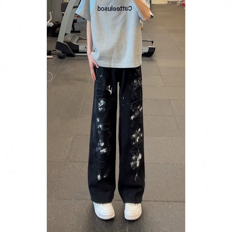 Yuquan美式高街黑色破洞泼墨牛仔裤男春秋新款设计感潮流宽松