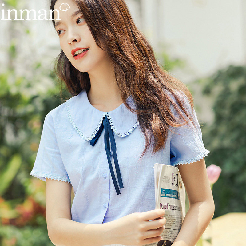 茵曼旗舰店少女上衣纯棉娃娃领白衬衫学院风半袖衬衣短袖夏季因曼