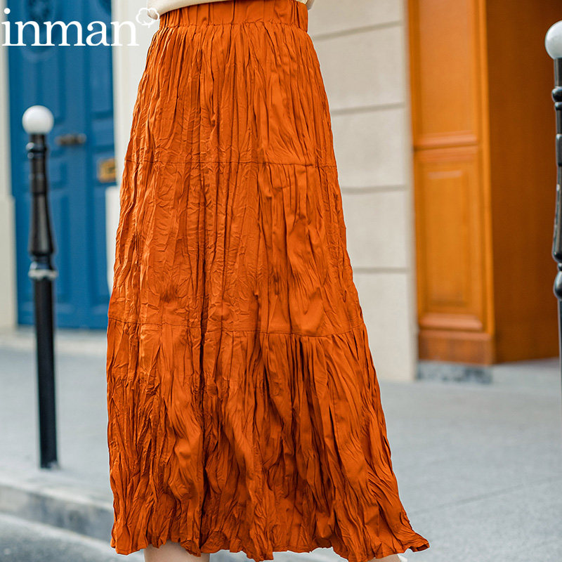 茵曼旗舰店茵蔓2020新款早秋裙半节裙子褶皱a字女日系半身裙中长