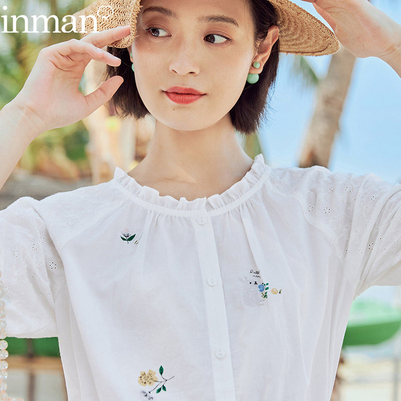 茵曼女装锁骨上衣蓬蓬袖衬衣白衬衫设计感小众2020年夏季新款茵蔓
