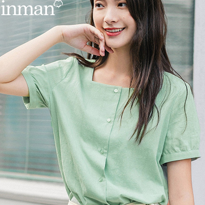 茵曼旗舰店方领法式上衣桔梗纯棉衬衫女洋气全棉锁骨复古赫本风夏