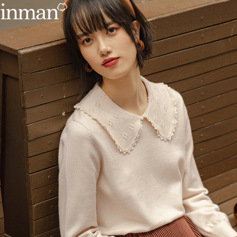 茵曼旗舰店2020新款秋冬薄款蕾丝娃娃领打底衫针织衫套头毛衣女装