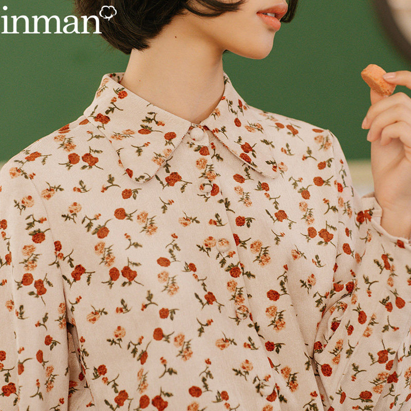 茵曼旗舰店灯笼袖衬衫女碎花法式田园上衣衬衣长袖秋冬茵蔓设计感