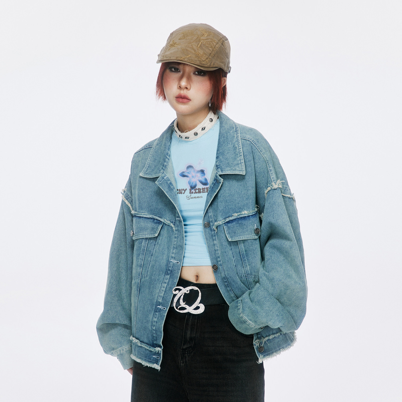 FGXS美式复古设计感贴布刺绣毛边牛仔夹克男女秋季宽松短款外套潮