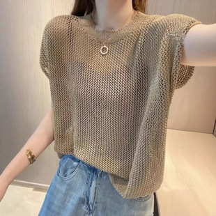 新款 夏季 显瘦百搭慵懒风领带夹 针织衫 2025圆领坎肩镂空仿冰丝薄款
