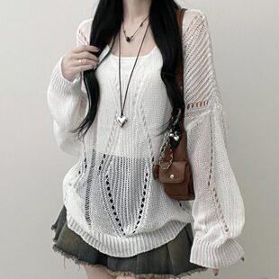 女套头罩衫 V领针织衫 上衣 长袖 韩国chic春夏慵懒宽松纯色镂空薄款