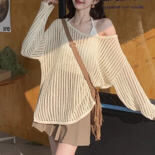 T恤露肩上衣 外搭宽松慵懒风防晒针织长袖 镂空网格罩衫 女春夏薄款