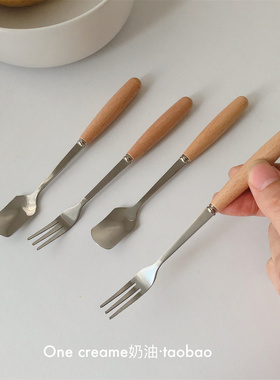 ins圆木柱水果叉 甜品勺点心可爱木柄不锈钢小叉子勺子方头下午茶