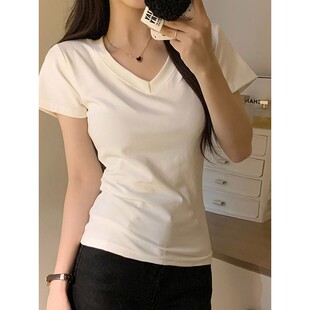 冰丝T恤女夏季正肩V领短袖修身显瘦莫代尔纯色百搭螺纹打底衫上衣