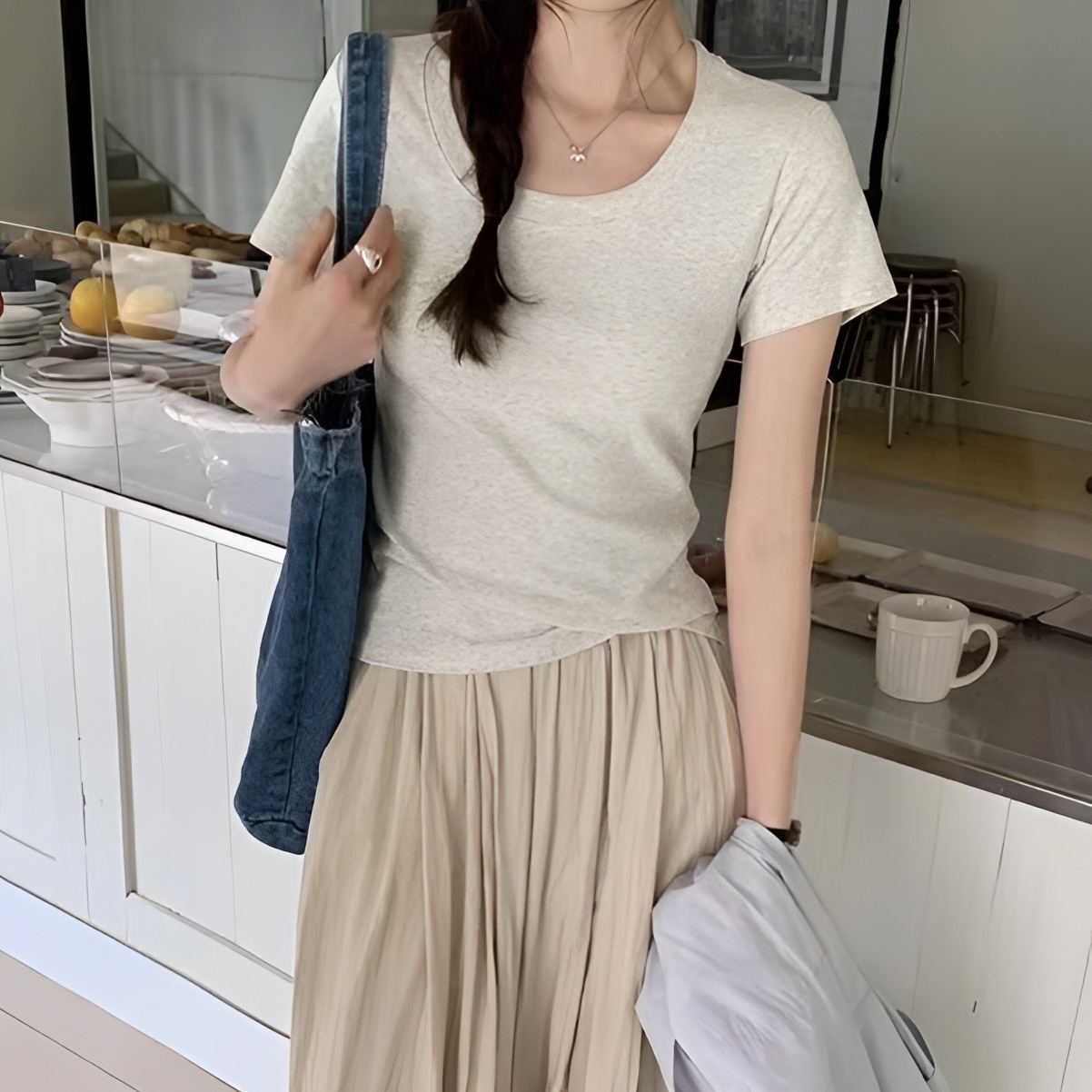 莫代尔冰丝短袖T恤女夏季螺纹弹力纯色修身显瘦外穿灰色百搭上衣
