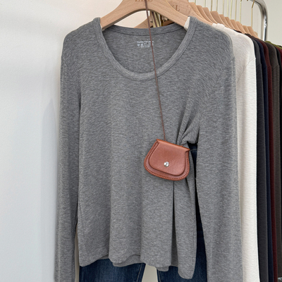 纯欲U领雪花棉长袖t恤女秋冬季韩系正肩小衫叠穿外套净版打底上衣