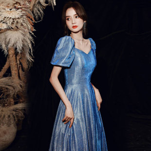 亮片一字肩主持人合唱指挥礼服女 蓝色长款 星空晚礼服2024新款 夏季