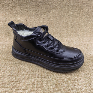 2025冬季新款黑色真皮男鞋高帮系带厚底羊毛保暖休闲鞋时尚百搭