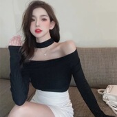 显瘦小众打底衫 秋季 上衣纯色百搭两穿T恤修身 一字肩挂脖长袖 新款