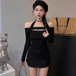 辣妹性感包臀裙修身 显瘦打底内搭裙 新款 一字肩镂空挂脖连衣裙秋季