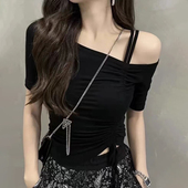 露肩抽绳短袖 别致辣妹锁骨一字肩上衣纯欲短款 T恤女夏季 2024新款