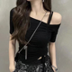 露肩抽绳短袖 别致辣妹锁骨一字肩上衣纯欲短款 T恤女夏季 2024新款