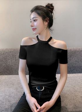 黑色短袖t恤女夏季高级感修身挂脖露肩纯欲风一字肩辣妹上衣洋气